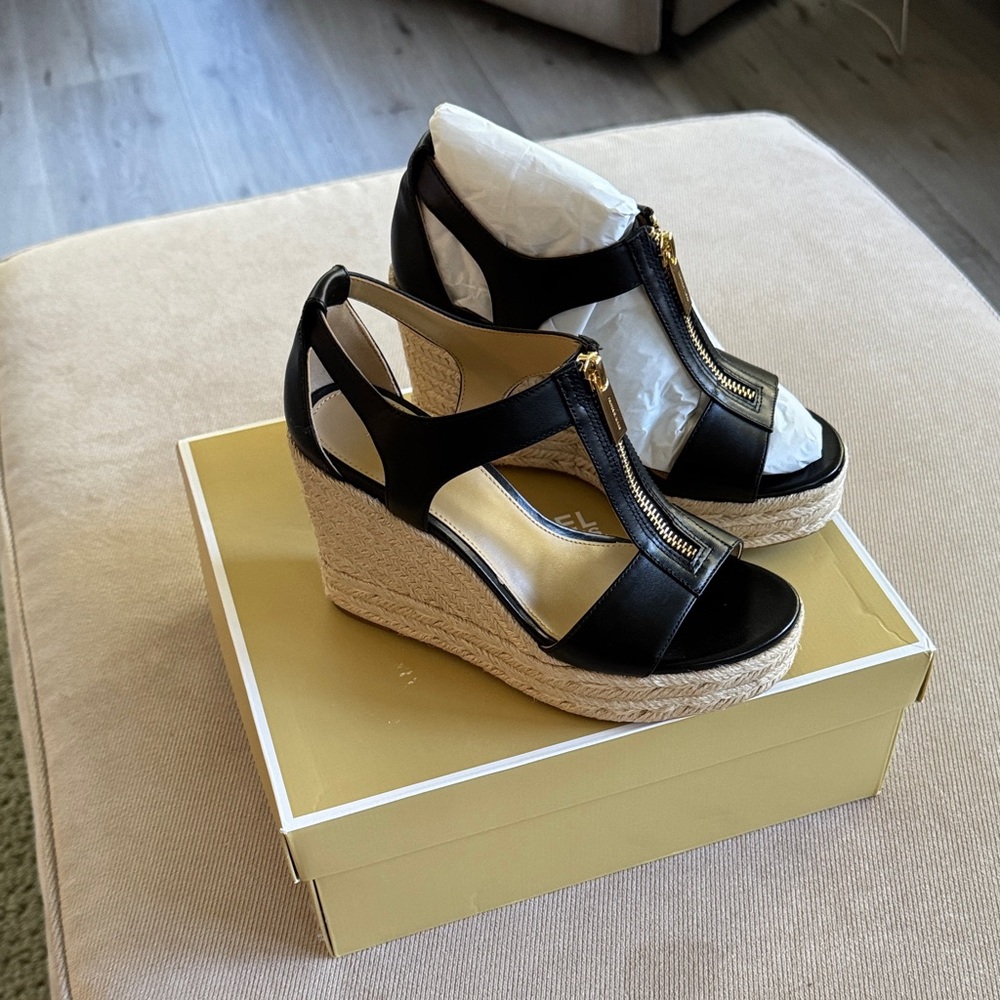 Michael Kors Black Wedge Sandals with Gold Accents - Picture 2 of 2